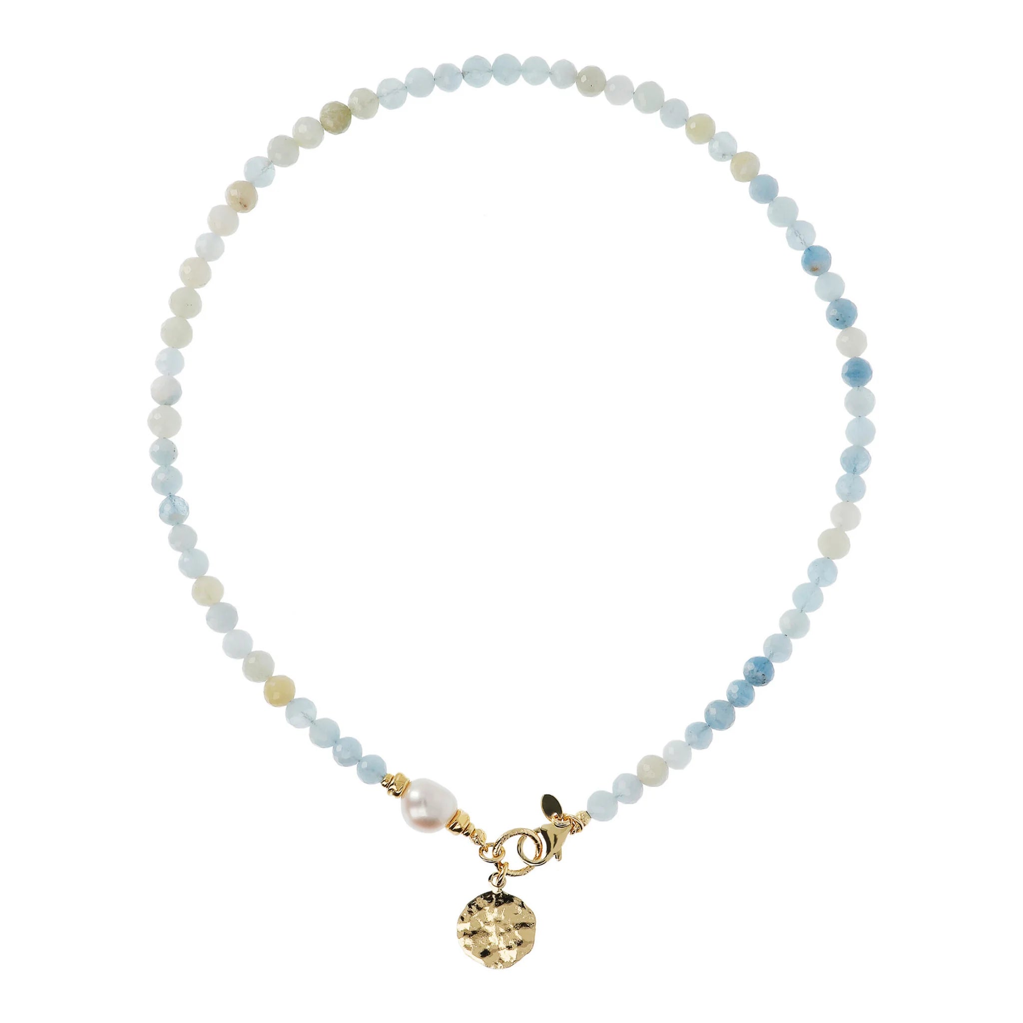 Choker Necklace with Natural Stones, Hammered Pendant and White Baroque Freshwater Pearl Ø 9/10 mm