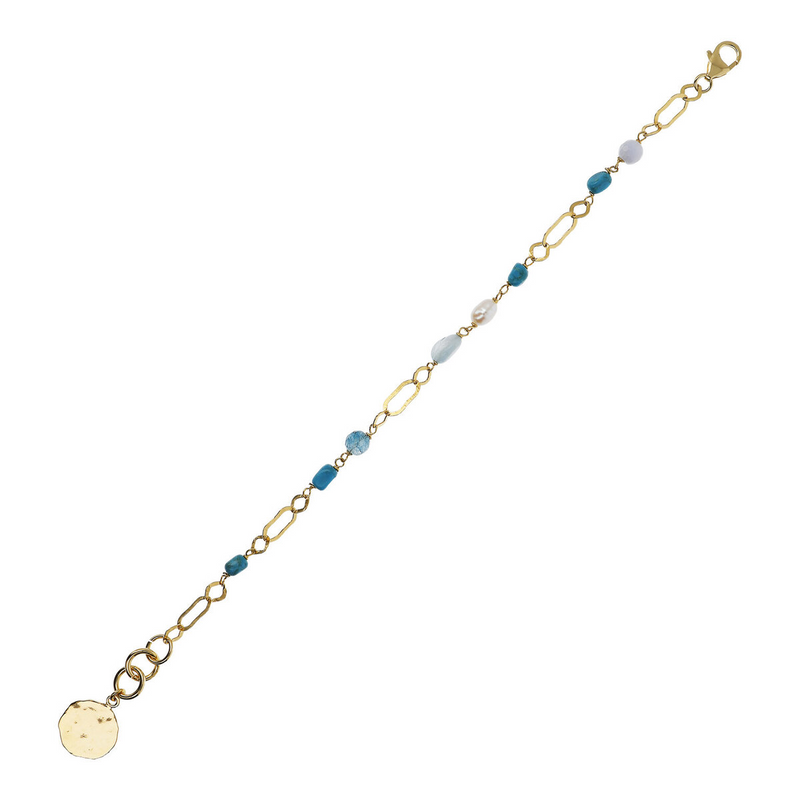 Bracelet Chaîne Martelée avec Perles Blanches Pierres Naturelles Bleues et Pendentif Disque
