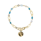 Hammered Chain Bracelet with White Pearls Blue Natural Stones and Disc Pendant