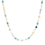 Long Hammered Chain Necklace with White Pearls and Blue Natural Stones