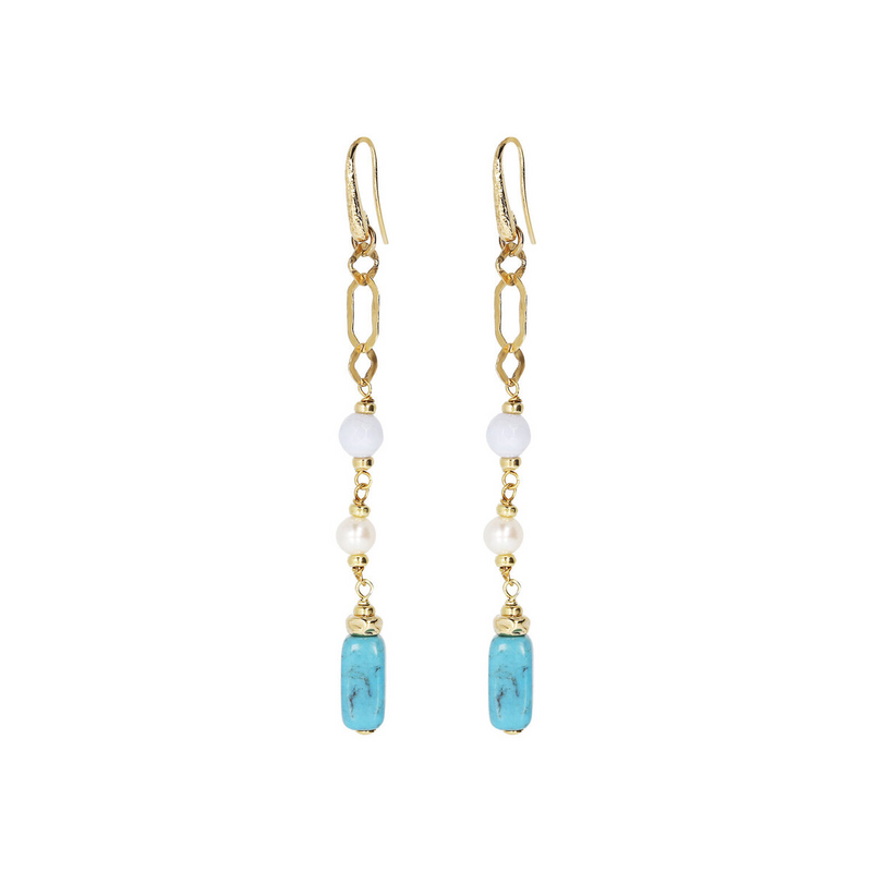 Pendant Earrings with Turquoise and White Pearls