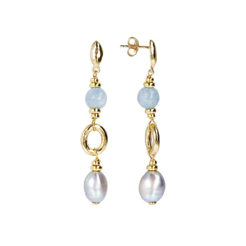Pendant Earrings with Hammered Rings Light Blue Quartzite and Grey Pearls