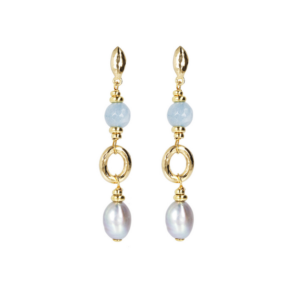 Pendant Earrings with Hammered Rings Light Blue Quartzite and Grey Pearls