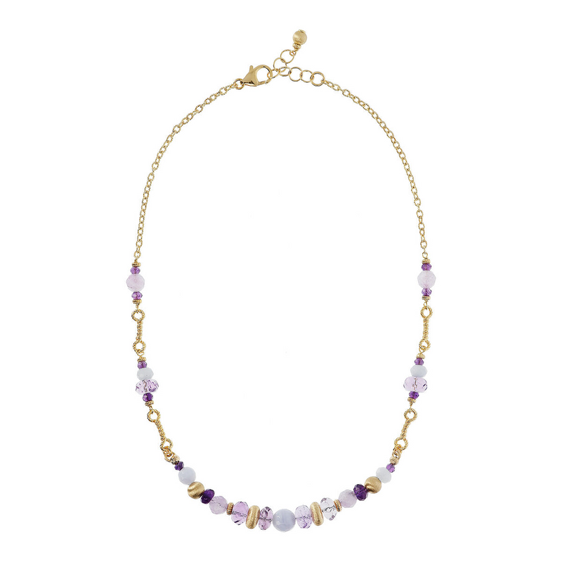 Halskette mit Amethyst und violettem Amethrin, weißem Achat und Satinelementen