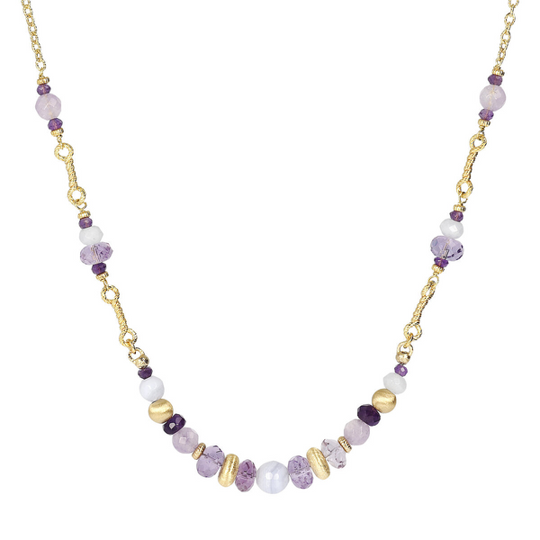 Halskette mit Amethyst und violettem Amethrin, weißem Achat und Satinelementen