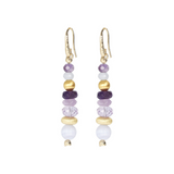 Boucles d'oreilles pendantes avec améthyste violette et amétrine, agate blanche et éléments en satin