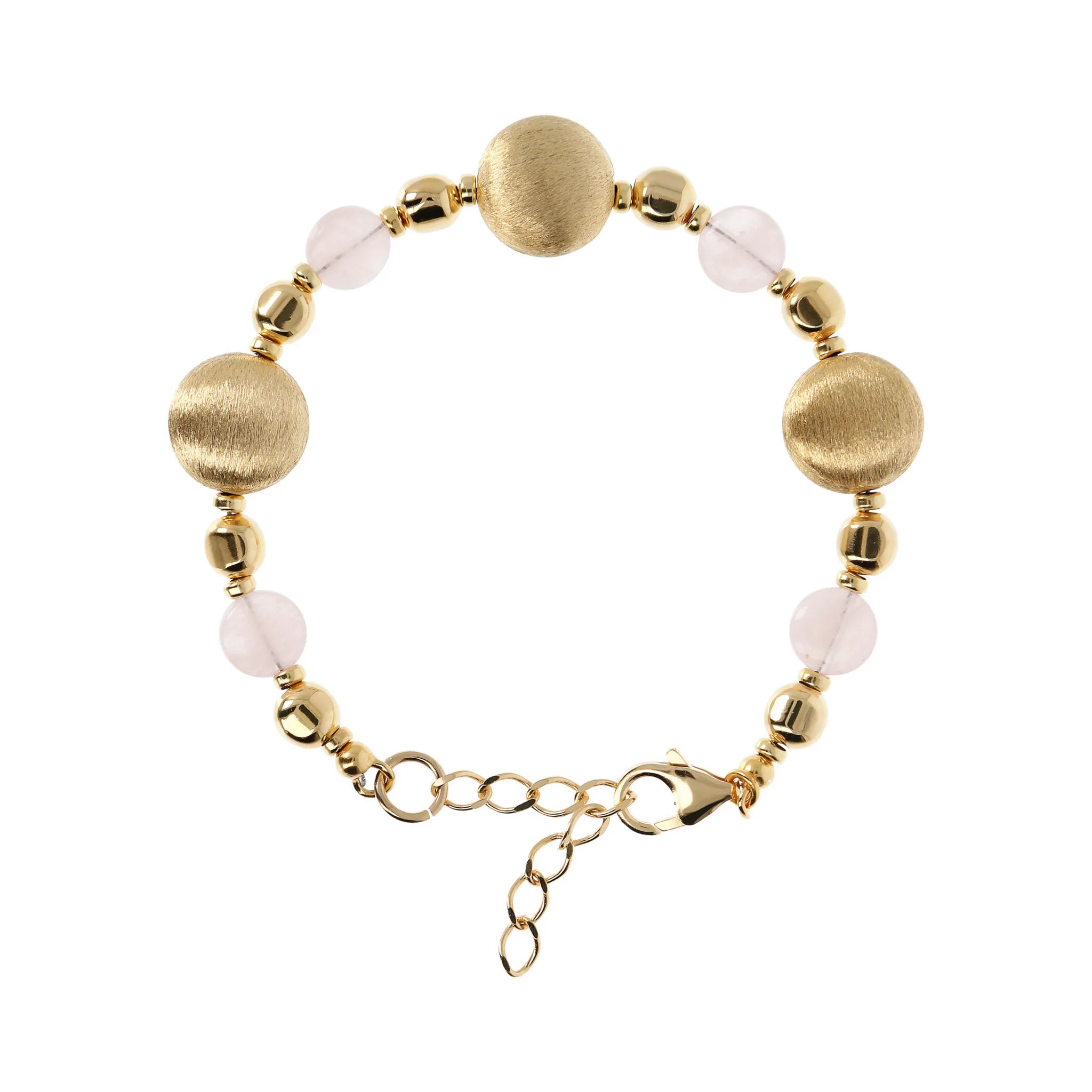 Armband mit goldenen satinierten Kugeln und natürlichem Quarzstein  
