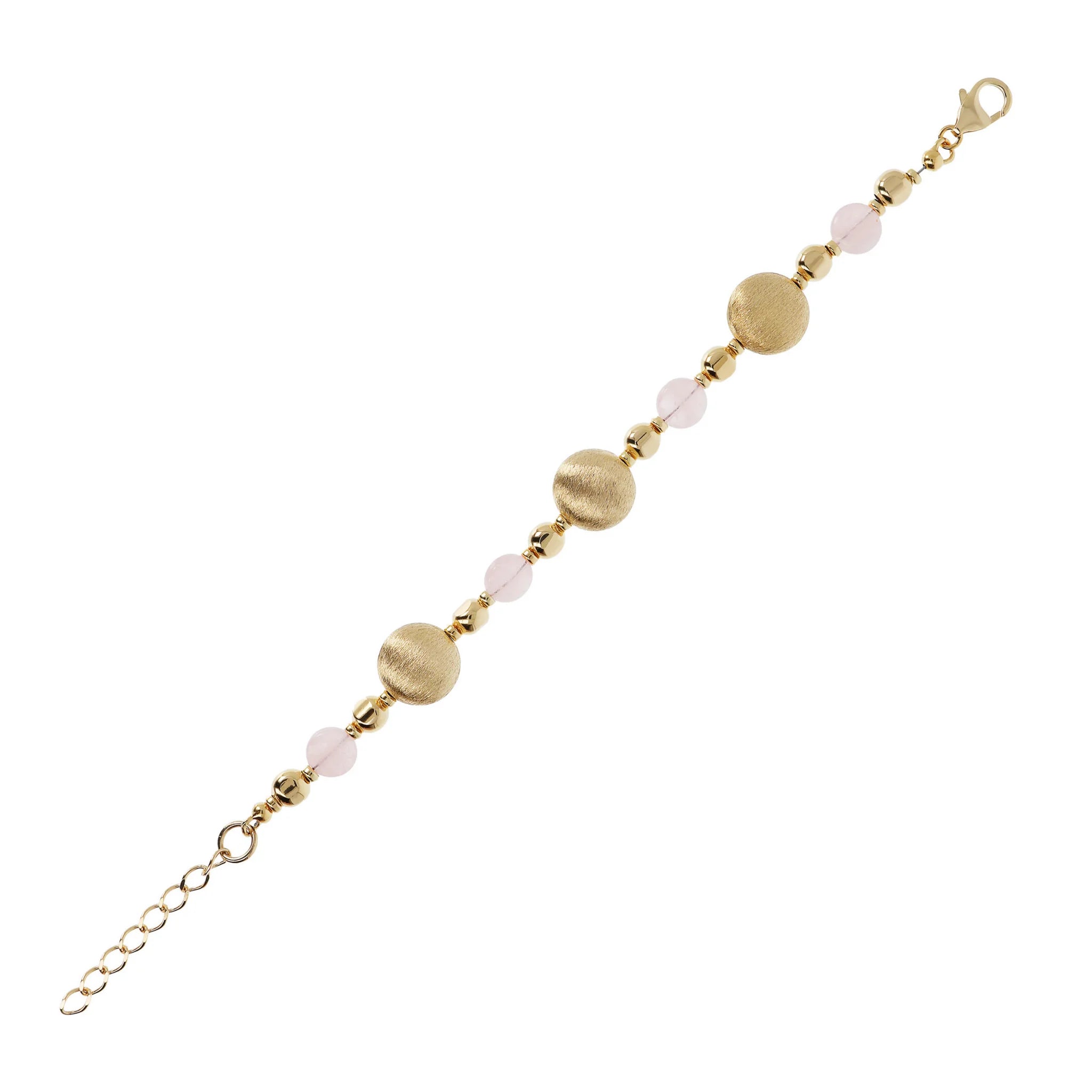 Armband mit goldenen satinierten Kugeln und natürlichem Quarzstein  