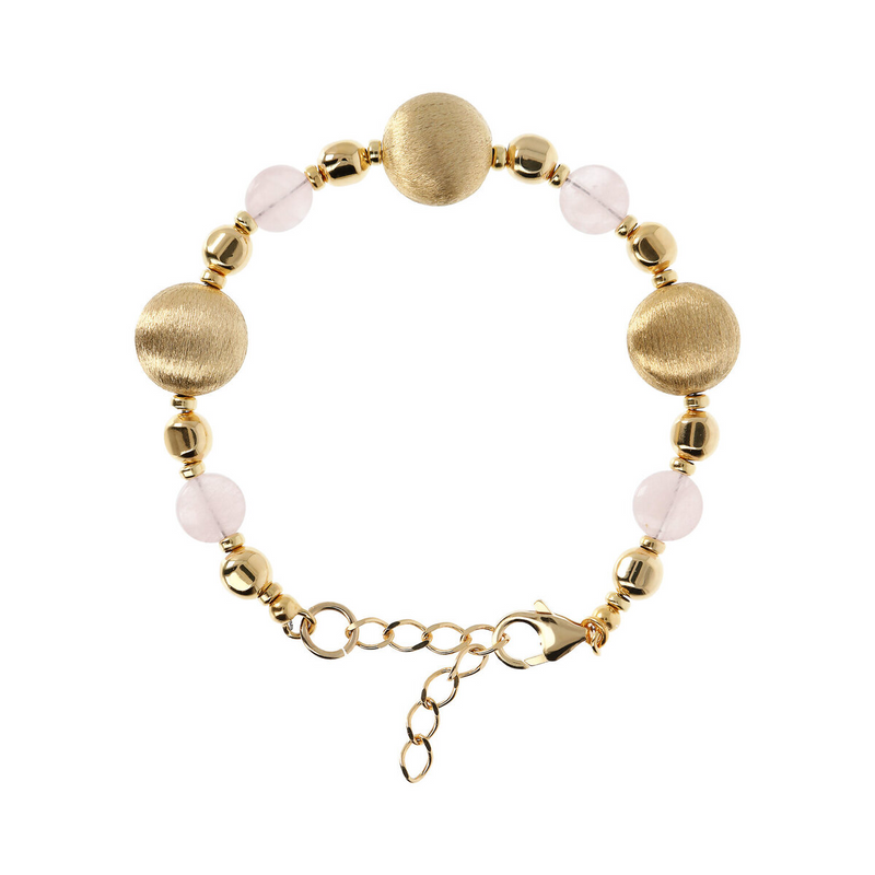 Bracelet avec élément en satin de sphères dorées et pierre naturelle de quartz