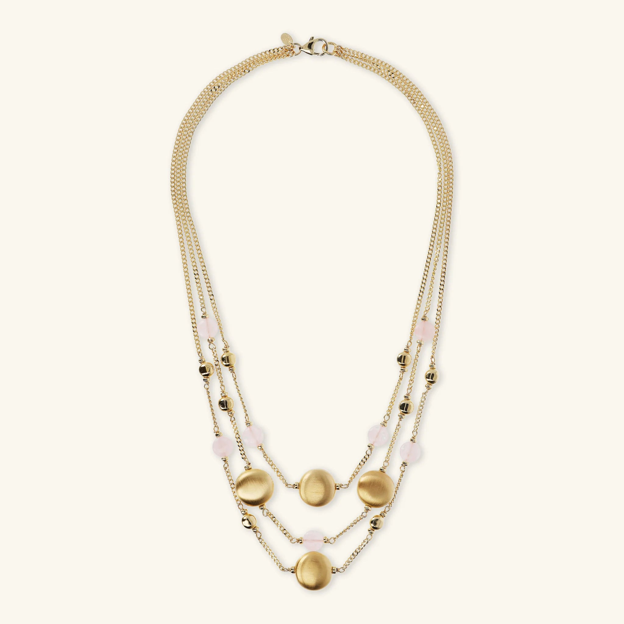 Multi-strand Necklace with Golden Spheres and Quartz Natural Stone