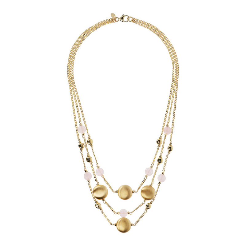 Multi-strand Necklace with Golden Spheres and Quartz Natural Stone