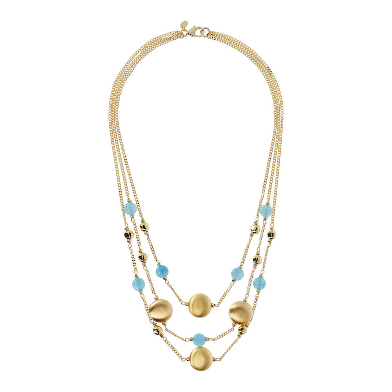 Multi-strand Necklace with Golden Spheres and Quartz Natural Stone