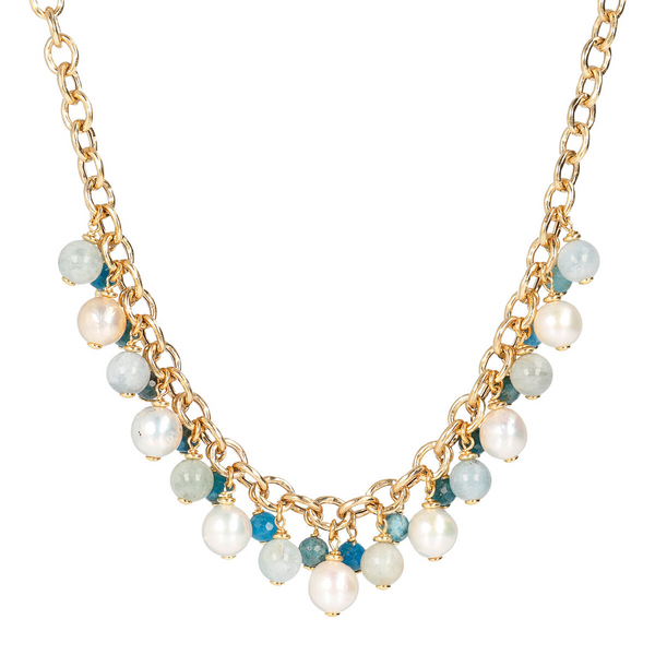 Halskette mit Anhängern aus Naturstein und weißen Perlen