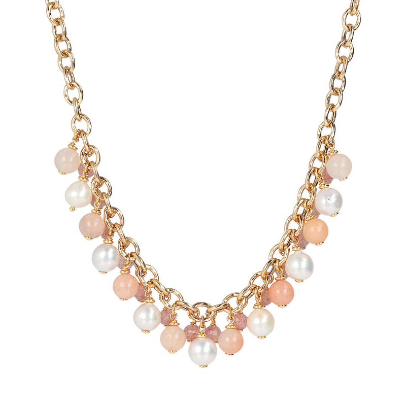 Rolo Chain Necklace with Pendants in Natural Stone and White Pearls