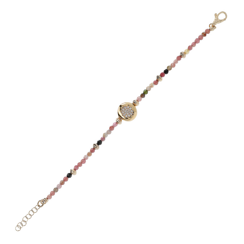Bracelet Tourmaline Multicolore et Pendentif Martelé avec Coeur Pavé en Zircon Cubique