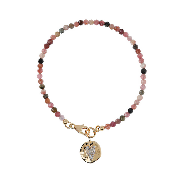 Bracelet Tourmaline Multicolore et Pendentif Martelé avec Coeur Pavé en Zircon Cubique