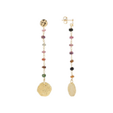 String Pendant Rosary Earrings with Multicolor Tourmaline and Hammered Discs