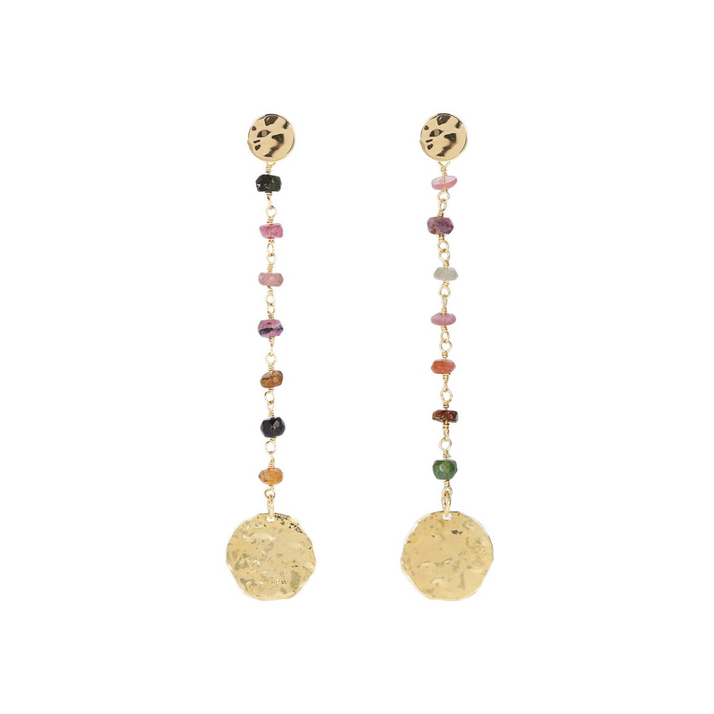 String Pendant Rosary Earrings with Multicolor Tourmaline and Hammered Discs