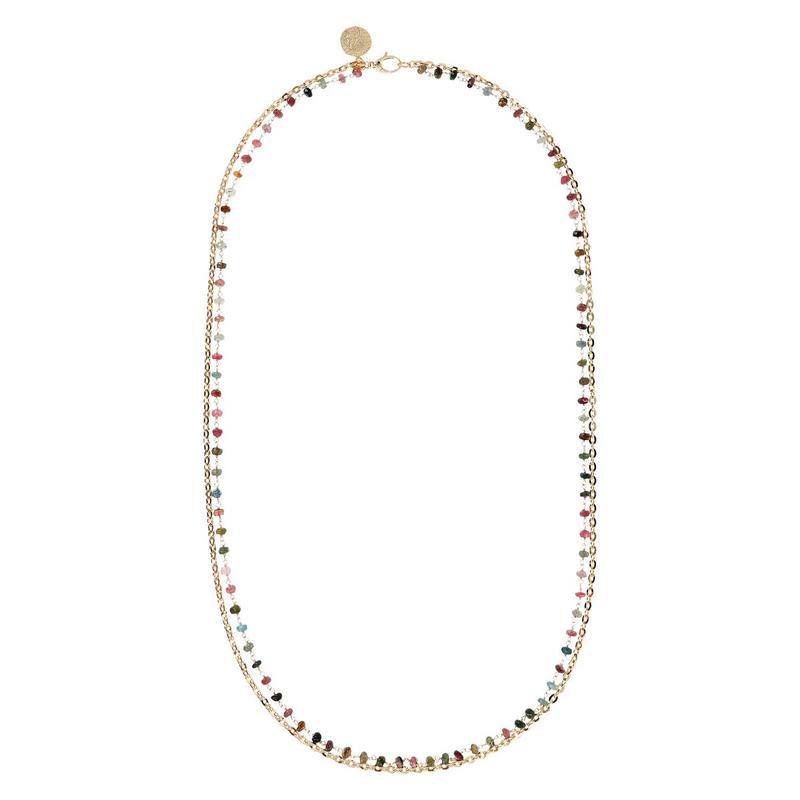 Mehrsträngige Halskette mit ovalen Gliedern und Rosenkranz mit mehrfarbigem Turmalin