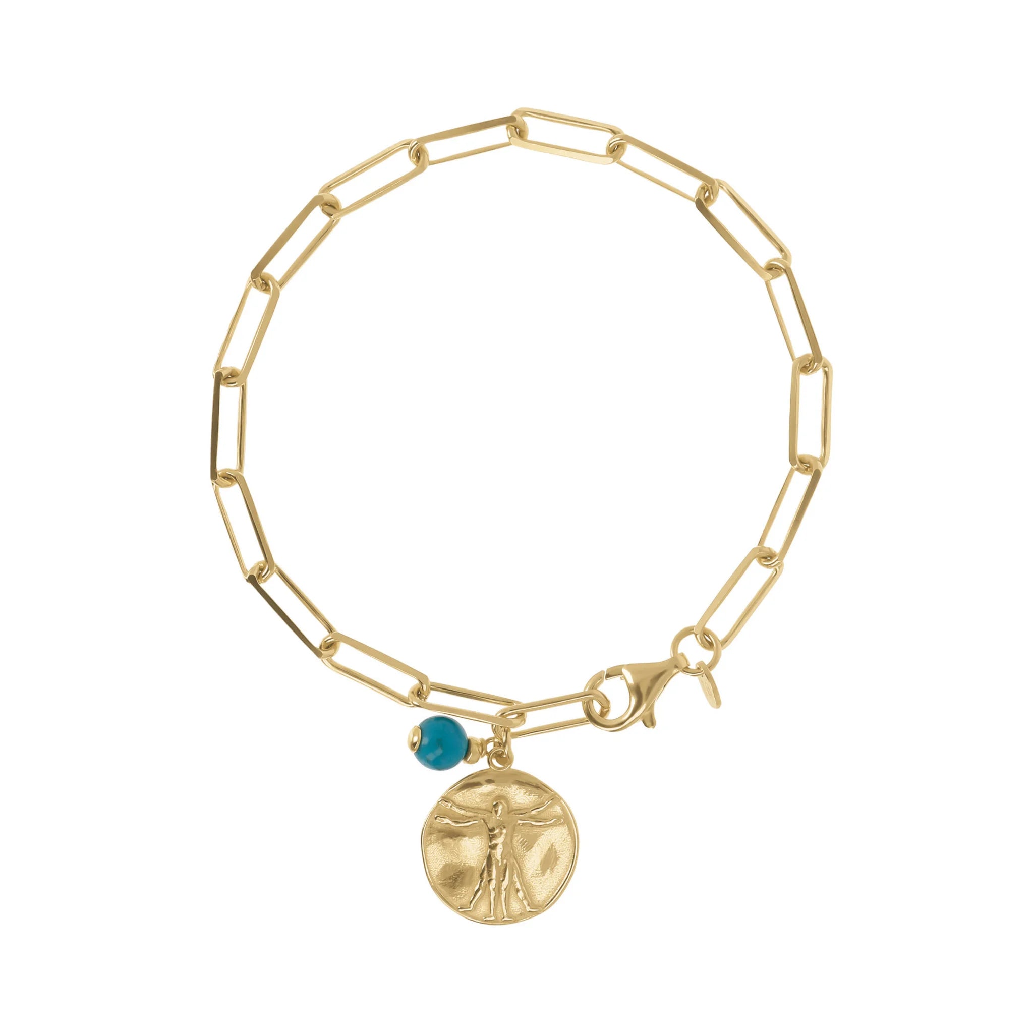 Bracciale Catena Forzatina Allungata con Ciondoli Moneta e Pietra Naturale Turchese