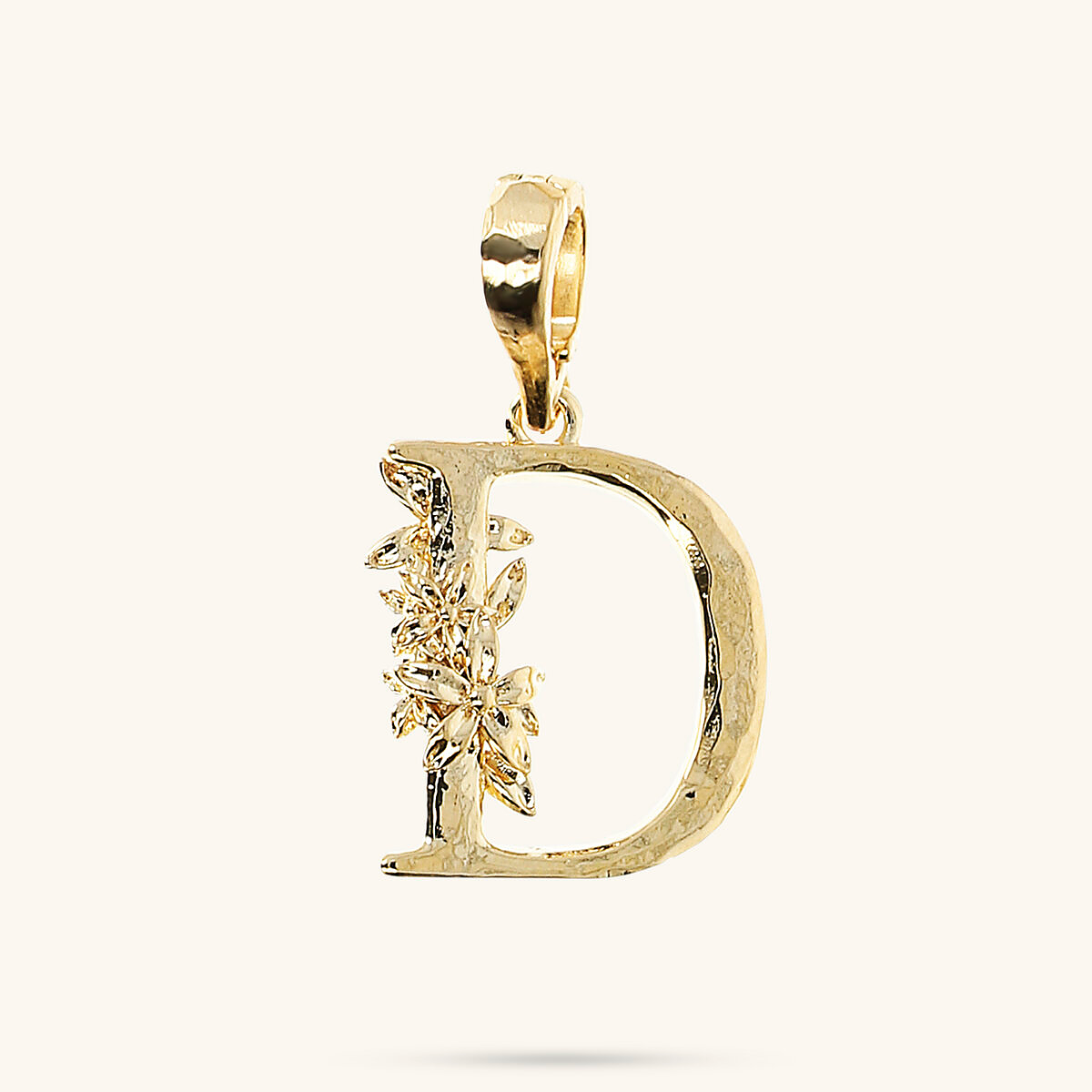Initial Pendant with Flower and Hammered Surface
