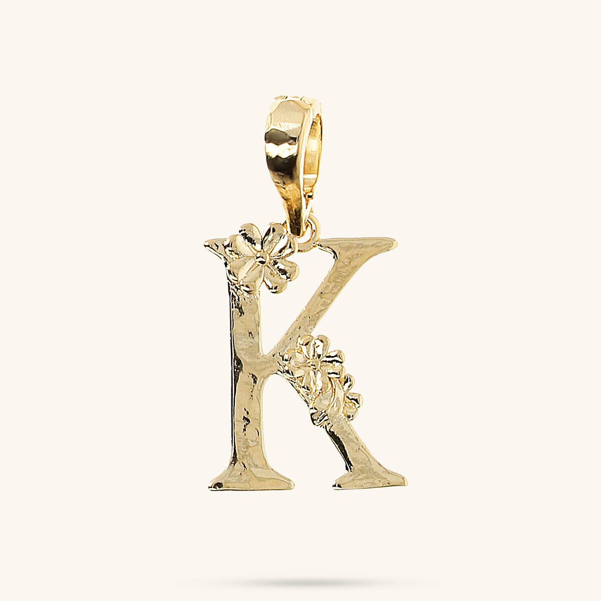 Initial Pendant with Flower and Hammered Surface