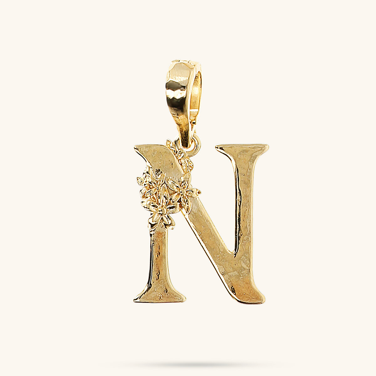 Initial Pendant with Flower and Hammered Surface