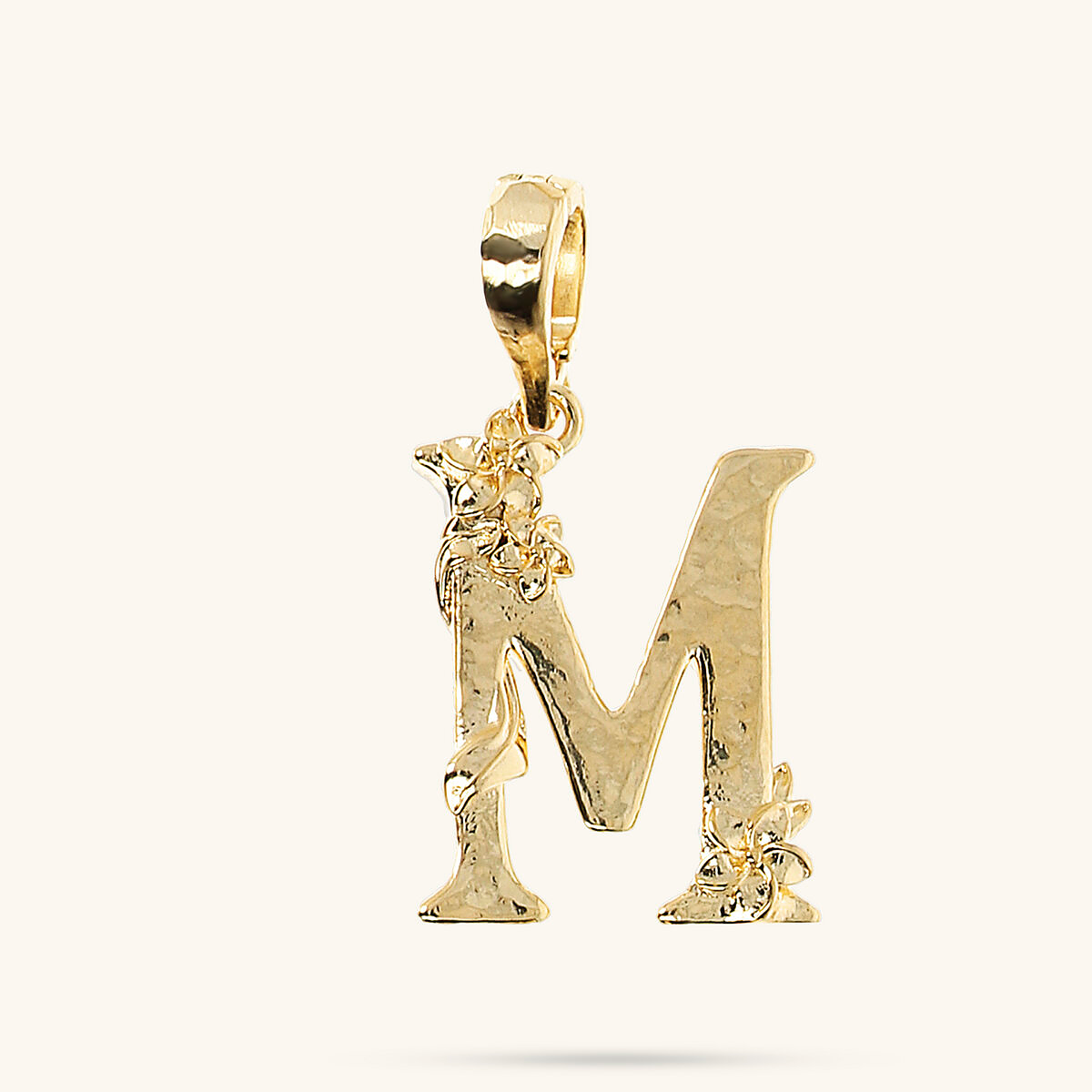 Initial Pendant with Flower and Hammered Surface