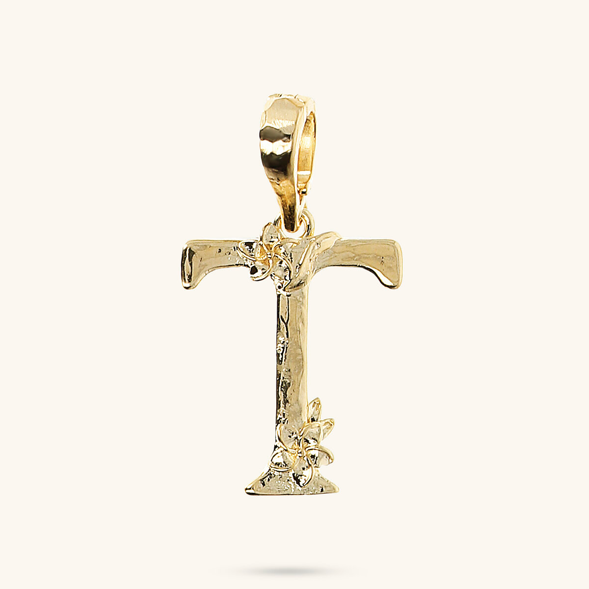 Initial Pendant with Flower and Hammered Surface