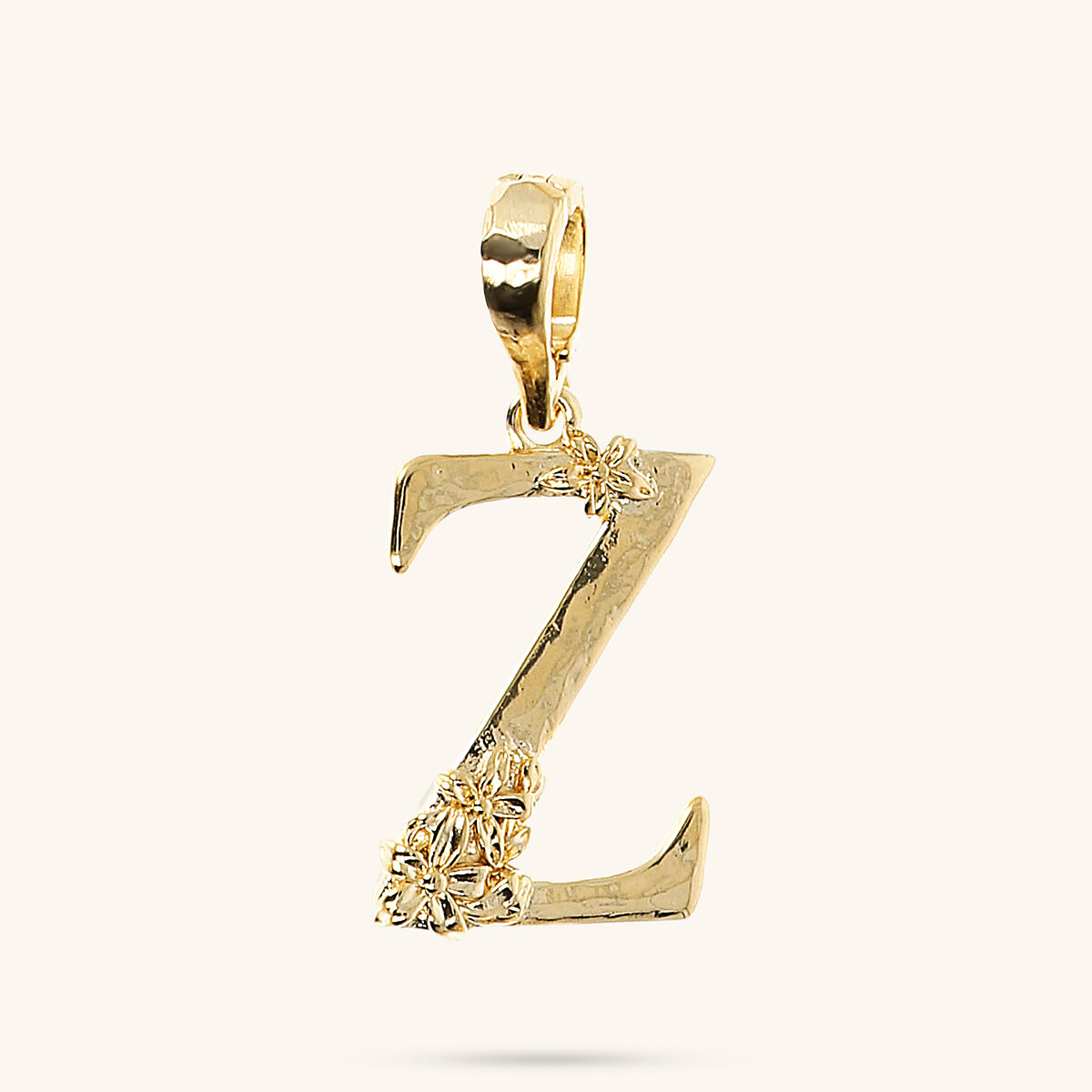 Initial Pendant with Flower and Hammered Surface