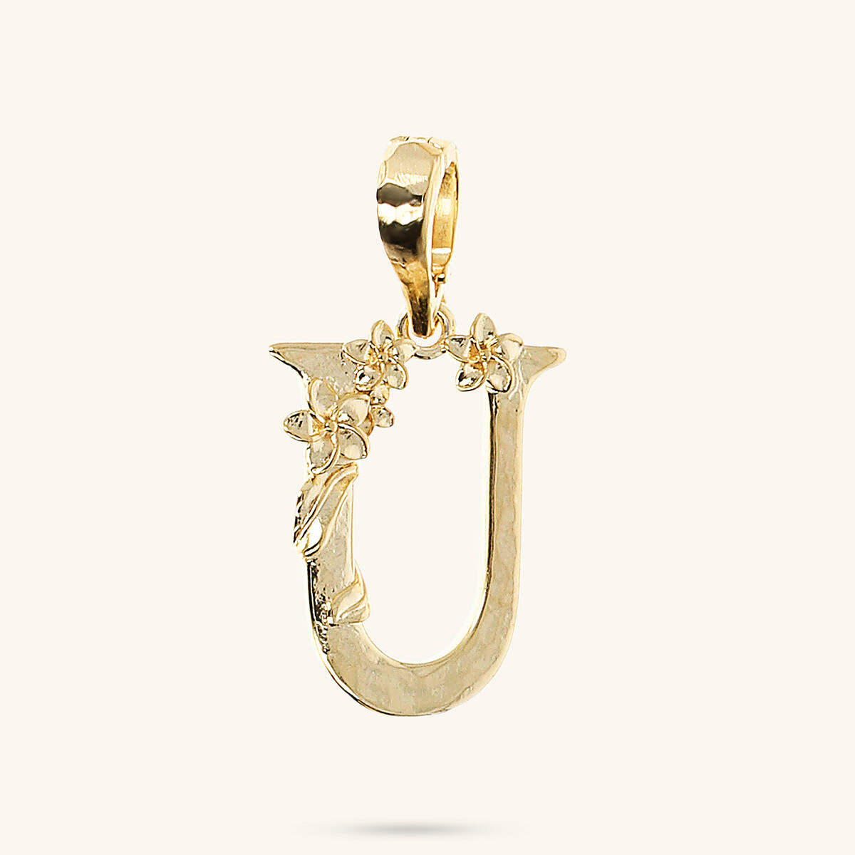 Initial Pendant with Flower and Hammered Surface