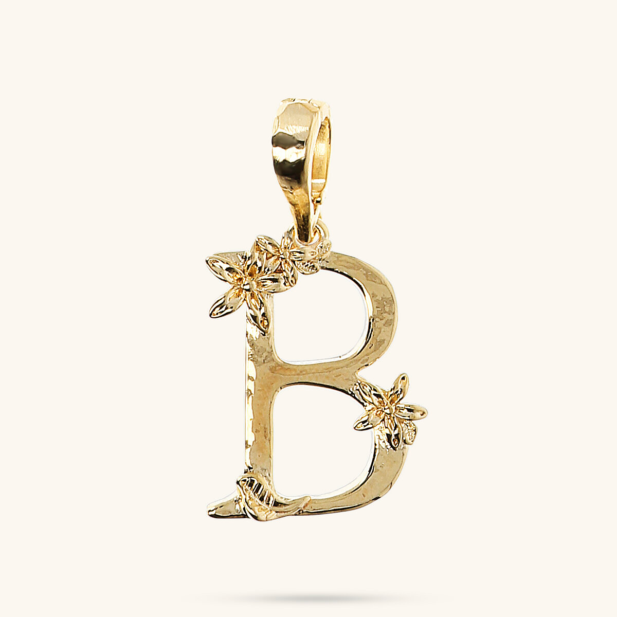 Initial Pendant with Flower and Hammered Surface