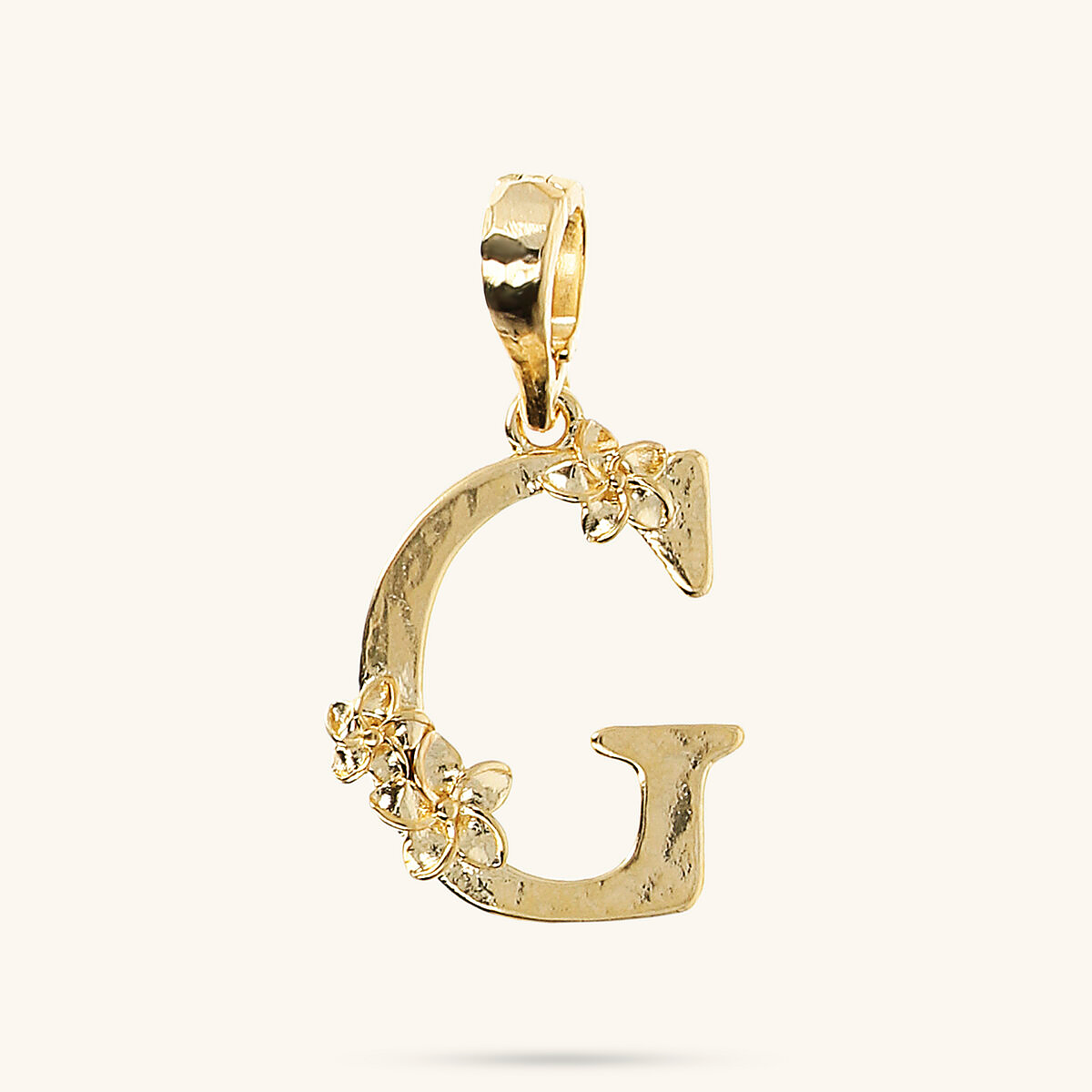 Initial Pendant with Flower and Hammered Surface