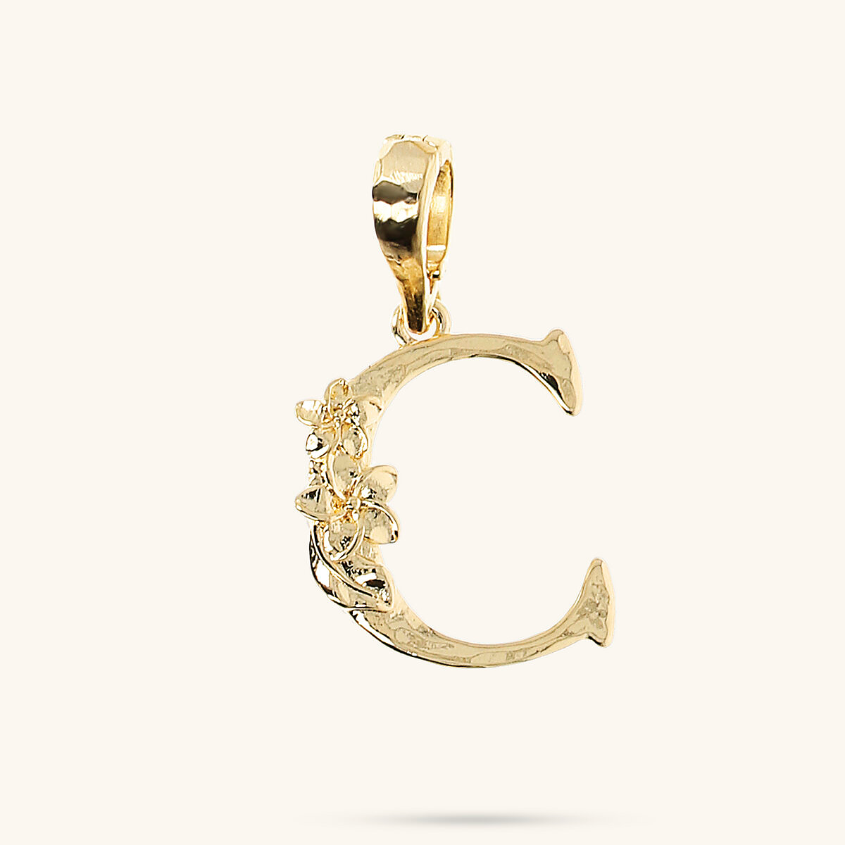 Initial Pendant with Flower and Hammered Surface