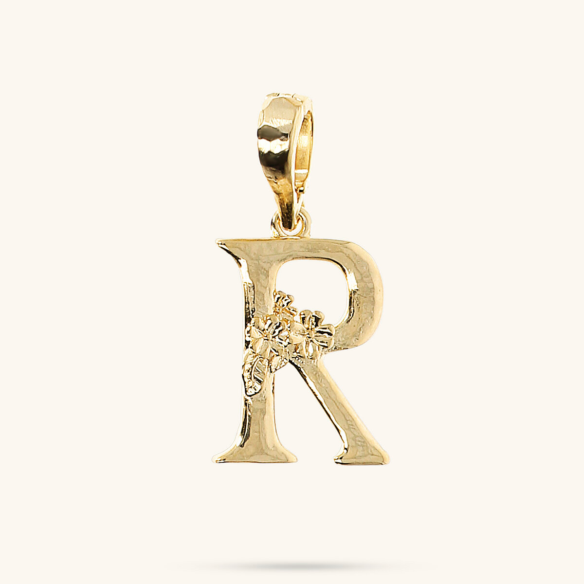 Initial Pendant with Flower and Hammered Surface