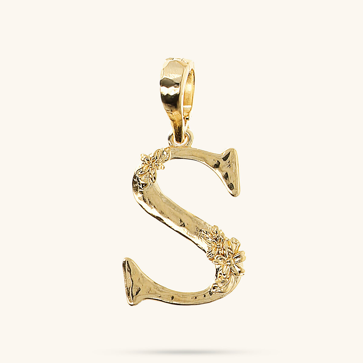 Initial Pendant with Flower and Hammered Surface