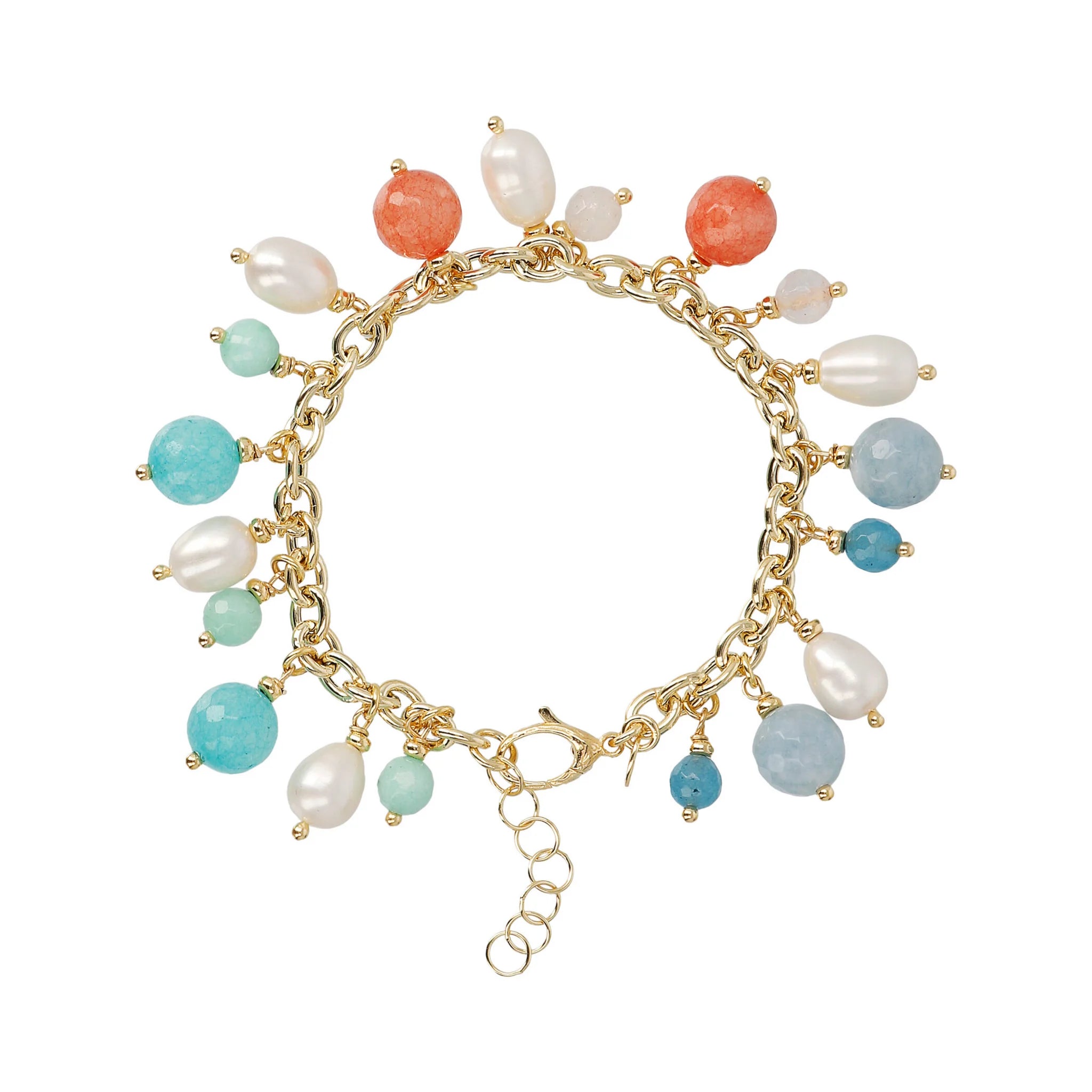 Bracciale Catena Rolo con Ciondoli in Giada, Quarzite e Perle Bianche d'Acqua Dolce Ø 7/9 mm