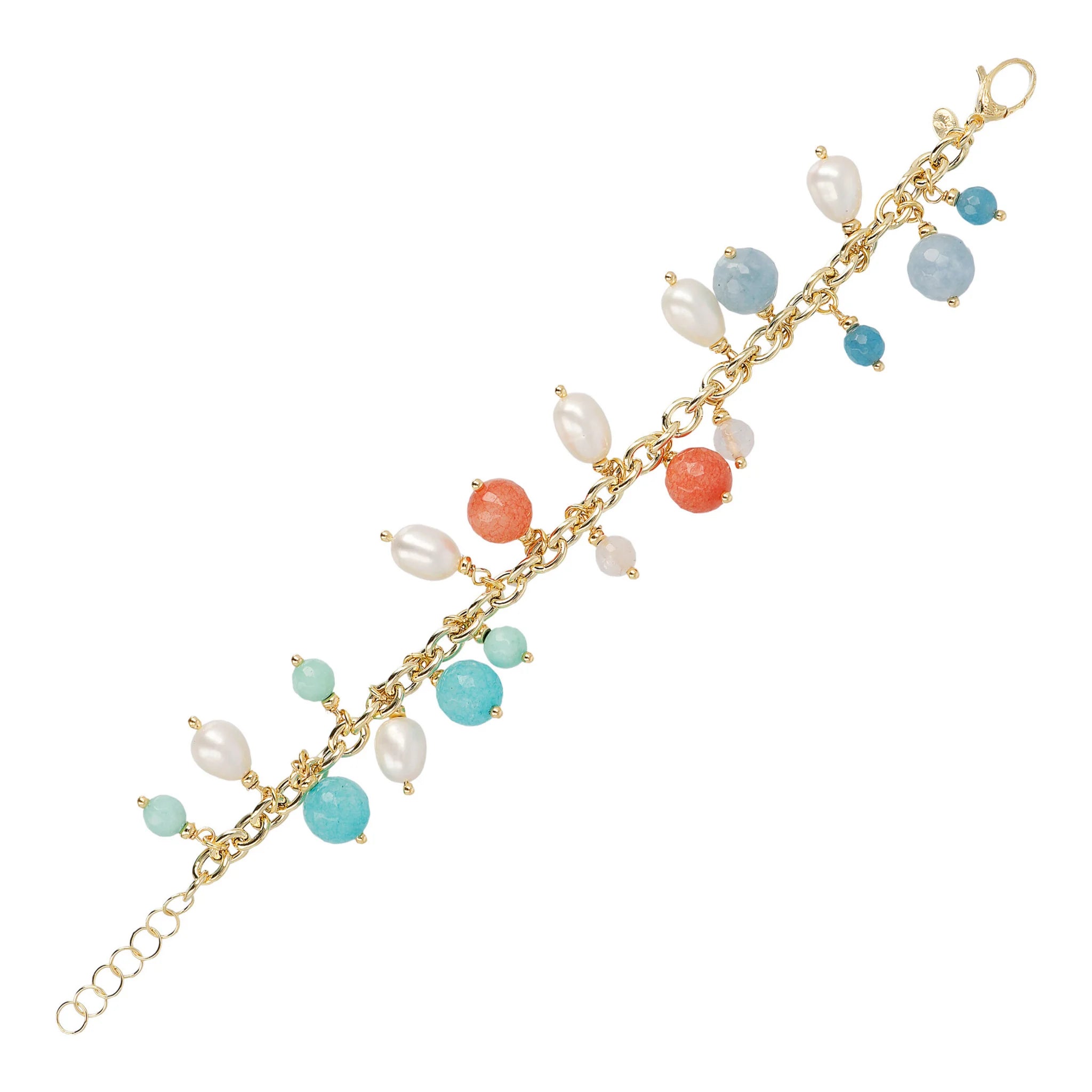 Bracciale Catena Rolo con Ciondoli in Giada, Quarzite e Perle Bianche d'Acqua Dolce Ø 7/9 mm
