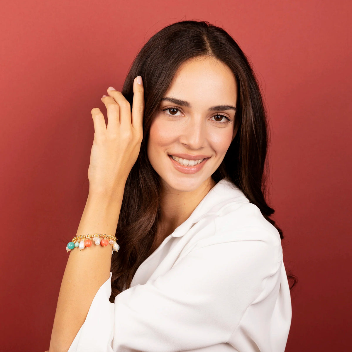 Bracciale Catena Rolo con Ciondoli in Giada, Quarzite e Perle Bianche d'Acqua Dolce Ø 7/9 mm