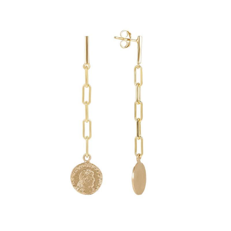 Boucles d'oreilles pendantes avec chaîne à maillons allongés et pièce de monnaie