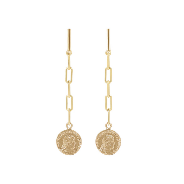 Boucles d'oreilles pendantes avec chaîne à maillons allongés et pièce de monnaie