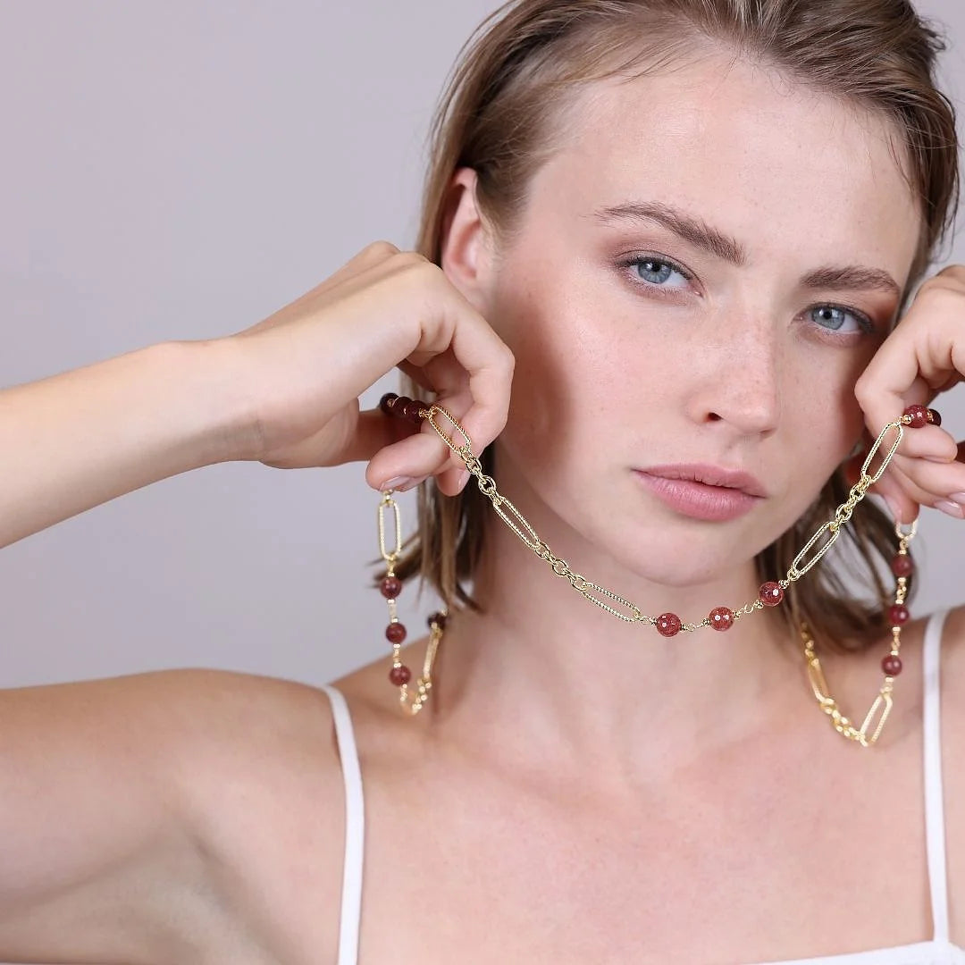 Collana Lunga a Maglie Alternate con Pietre Naturali