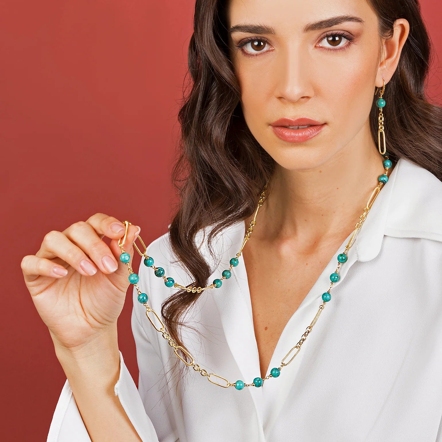 Collana Lunga a Maglie Alternate con Pietre Naturali