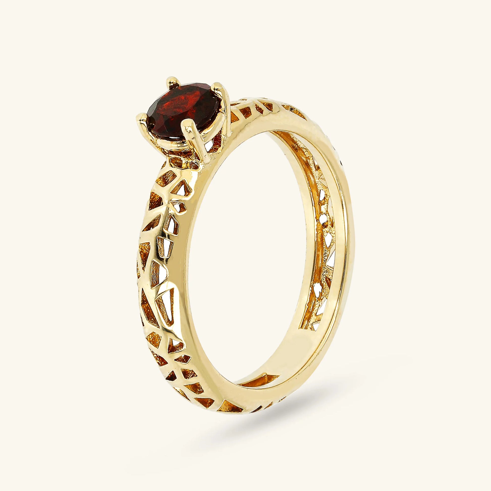 Anello Solitario Traforato in Argento 925 Placcato Oro Giallo 18kt con Pietra Naturale