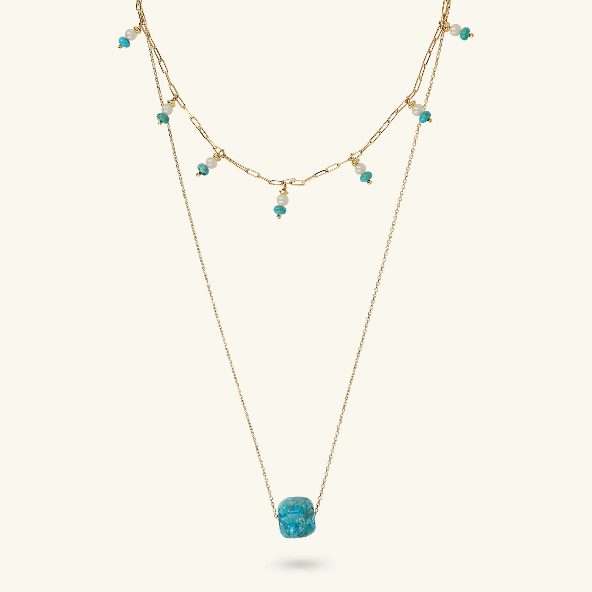 Mehrreihiges Collier aus Sterling Silber 925 18kt Gelbgold plattiert mit Naturtürkis und weißen Süßwasserperlen Ø 4 mm