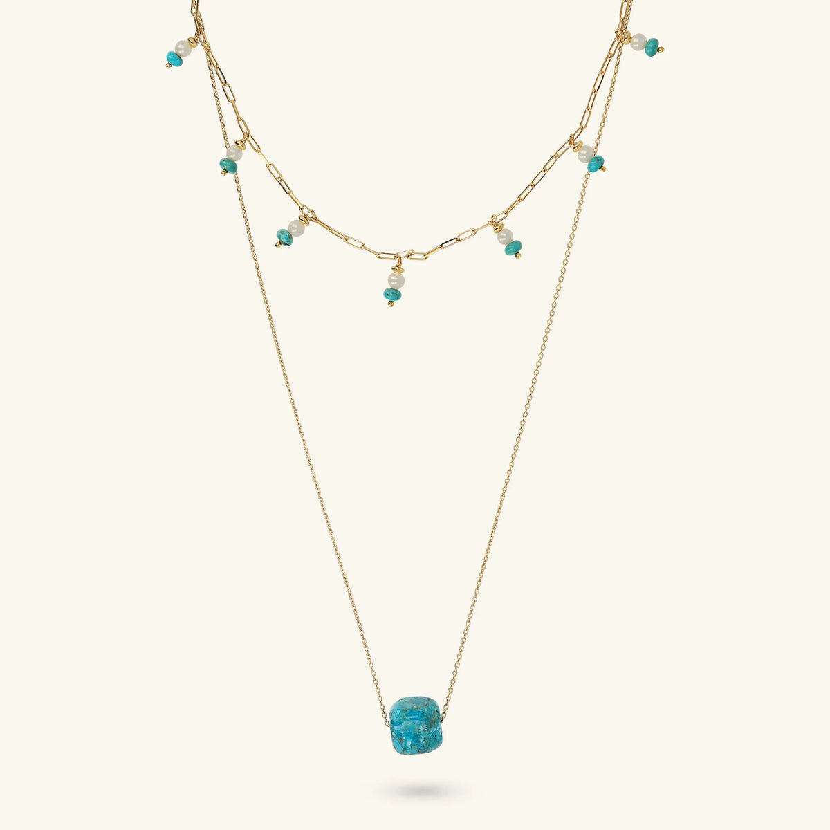 Multi-strand Necklace in 925 Sterling Silver 18kt Yellow Gold Plated with Natural Turquoise Stone and White Freshwater Pearls Ø 4 mm