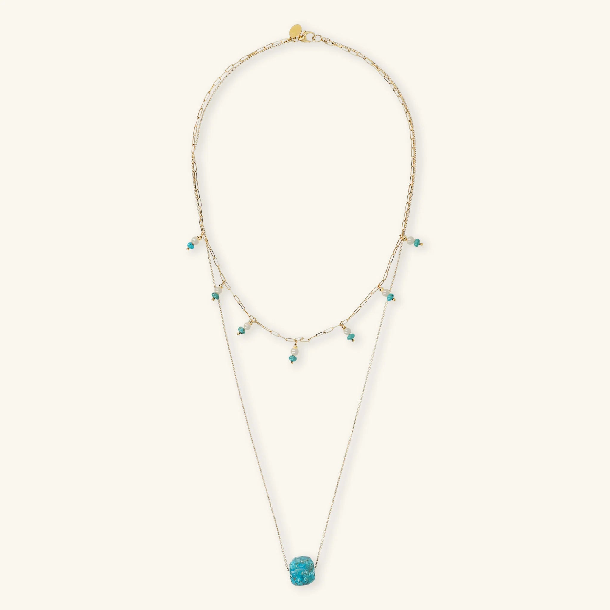 Multi-strand Necklace in 925 Sterling Silver 18kt Yellow Gold Plated with Natural Turquoise Stone and White Freshwater Pearls Ø 4 mm