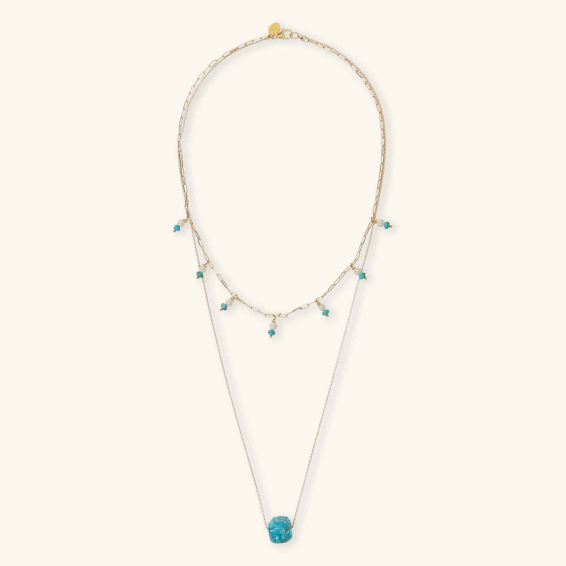 Mehrreihiges Collier aus Sterling Silber 925 18kt Gelbgold plattiert mit Naturtürkis und weißen Süßwasserperlen Ø 4 mm