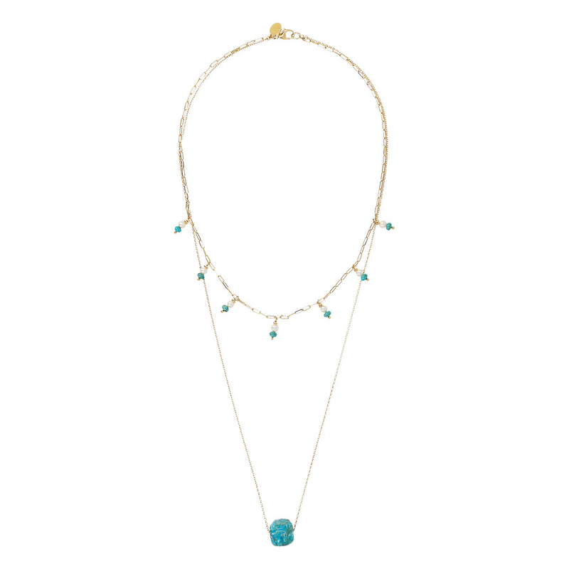 Collier chaîne multi-rangs Rolo et Forzatina avec pierre naturelle turquoise et perle