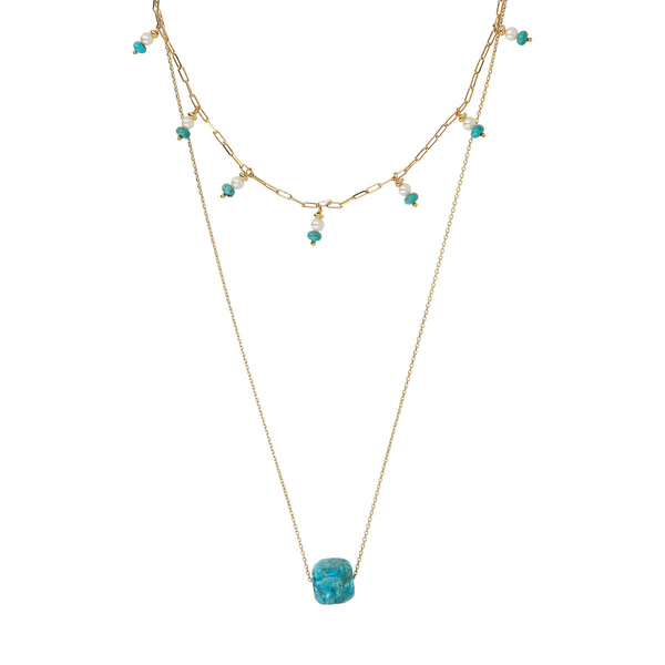 Collier chaîne multi-rangs Rolo et Forzatina avec pierre naturelle turquoise et perle